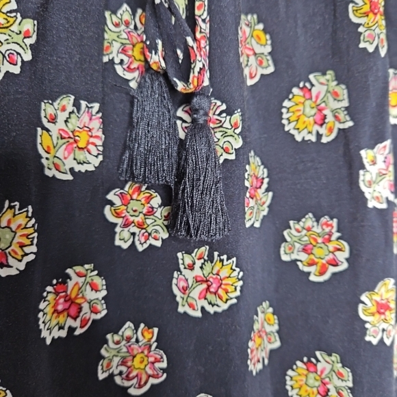 LOFT Paisley Midi Peasant Dress Small Navy Blue Elastic Waist Tassels Ruffle Hem - Picture 6 of 12